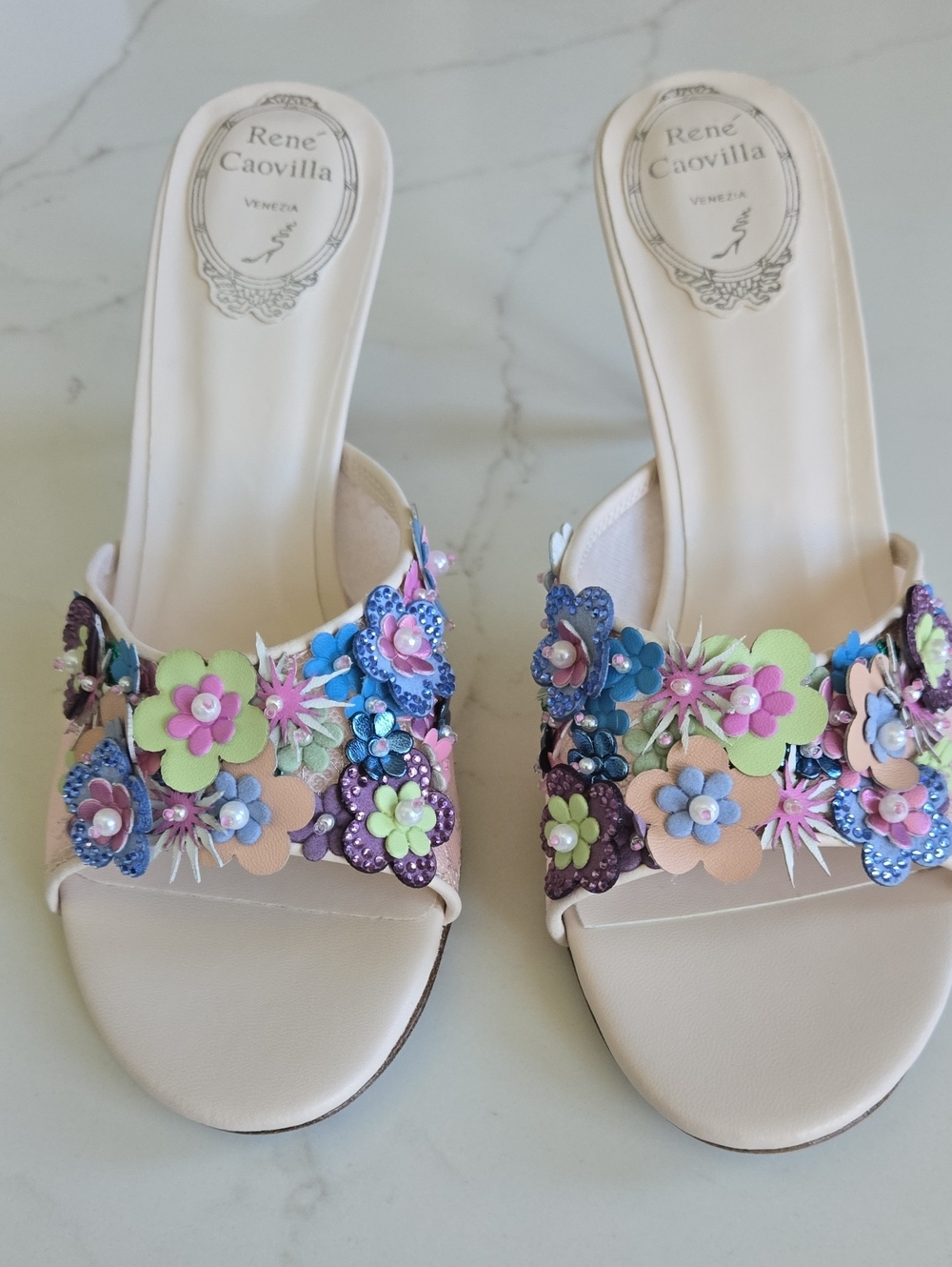 Rene Caovilla Pastel Floral Embellished Slide Sandals - Pink, Blue, Green